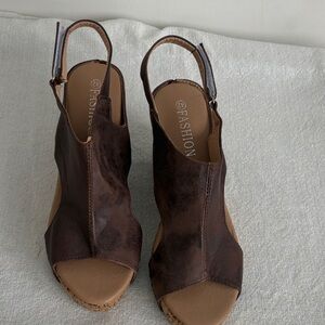 Ash Dark Brown Peep-Toe Slingback Wedge Sandals